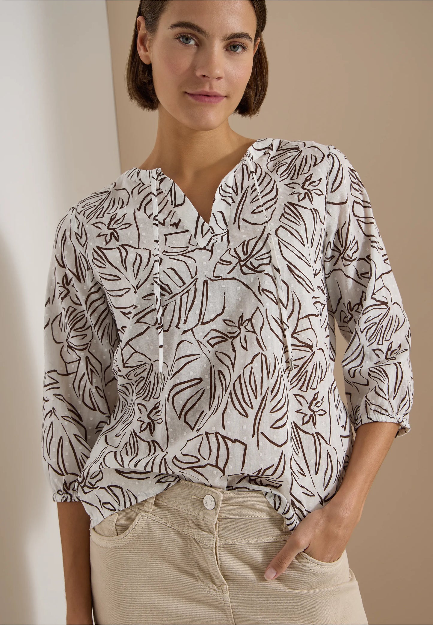 Leaf Print Cotton Tunic Blouse with Tie Neck