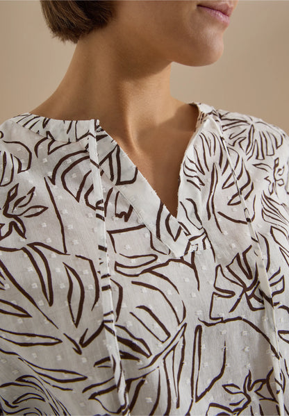 Leaf Print Cotton Tunic Blouse with Tie Neck