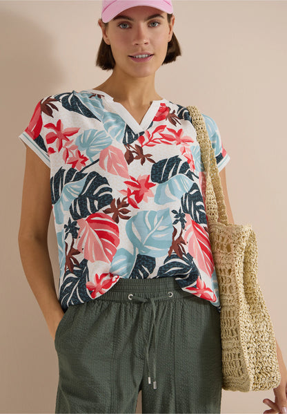 Tropical Print Split Neck Top