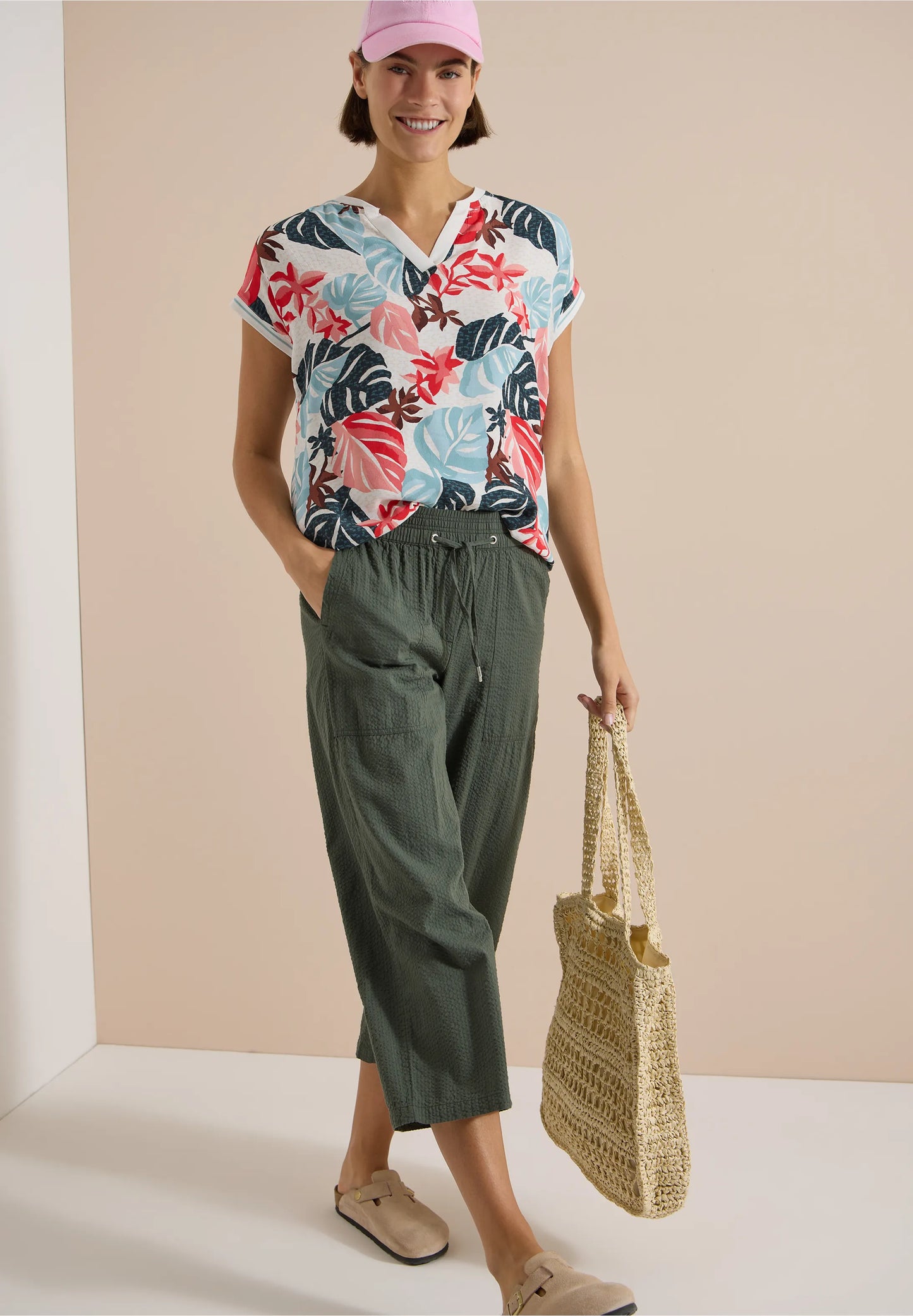 Tropical Print Split Neck Top