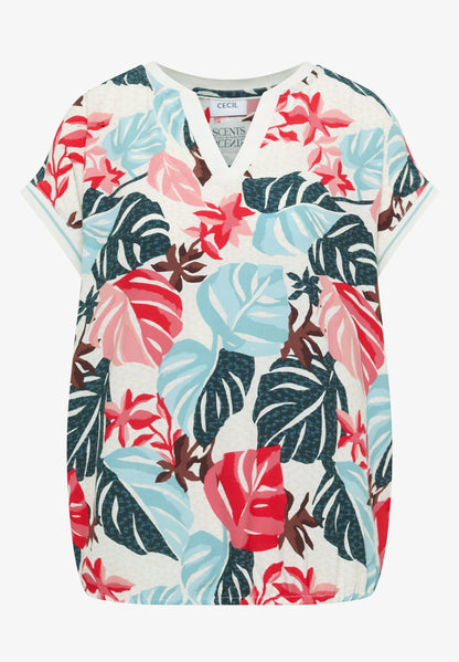 Tropical Print Split Neck Top