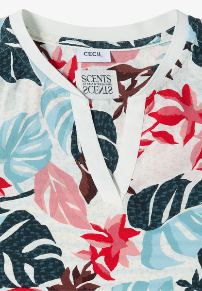 Tropical Print Split Neck Top