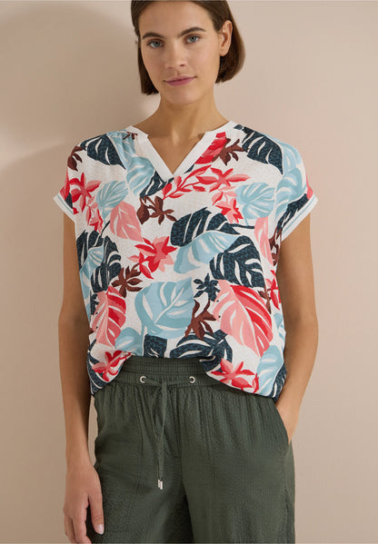 Tropical Print Split Neck Top