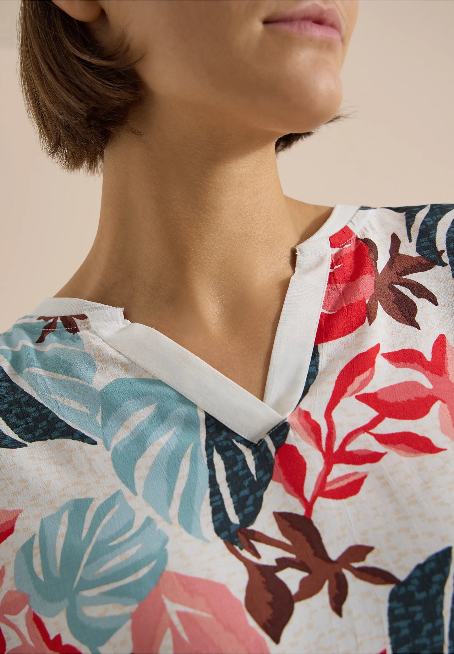 Tropical Print Split Neck Top