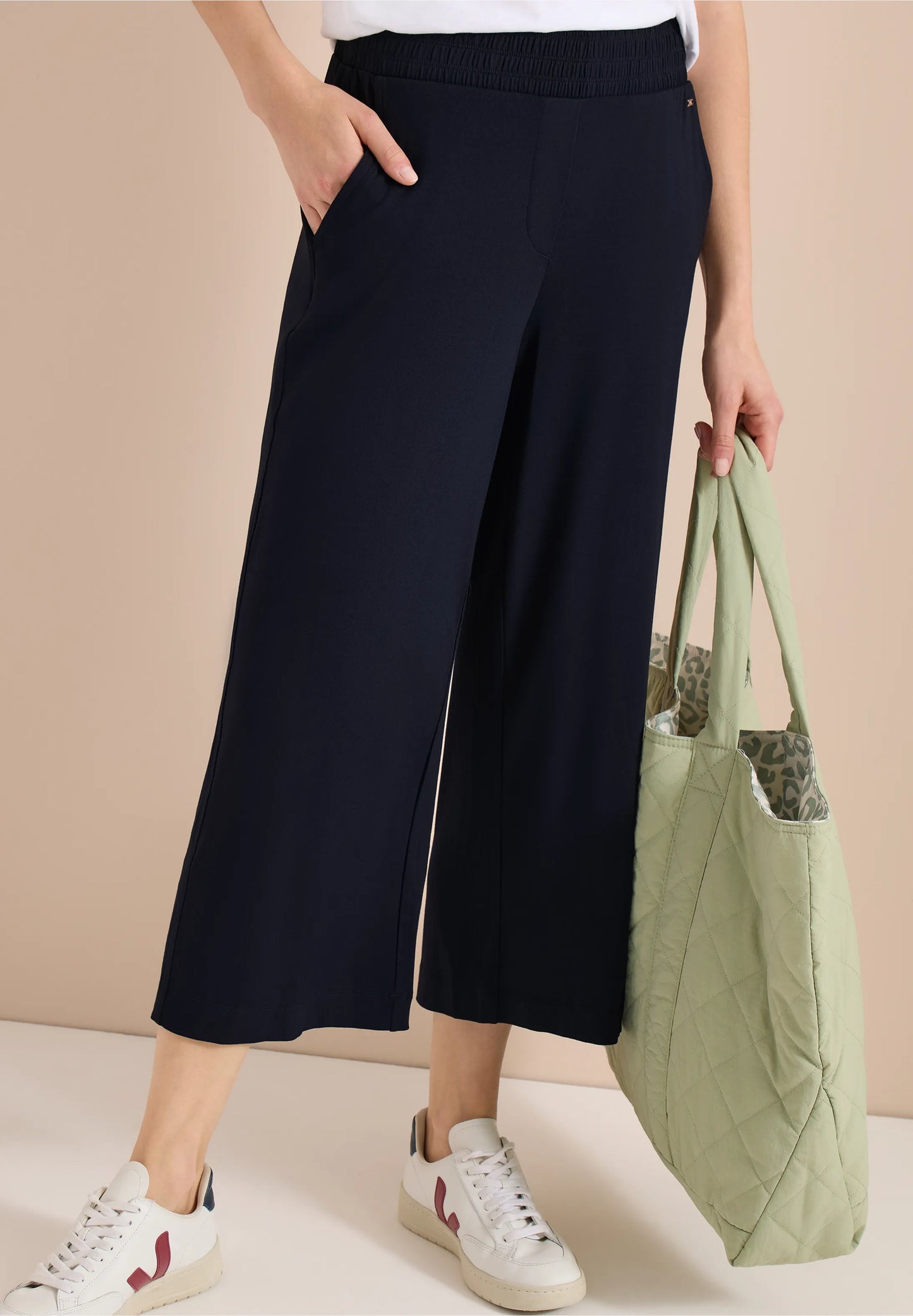 High Waist Wide Leg Jersey Trousers, Navy