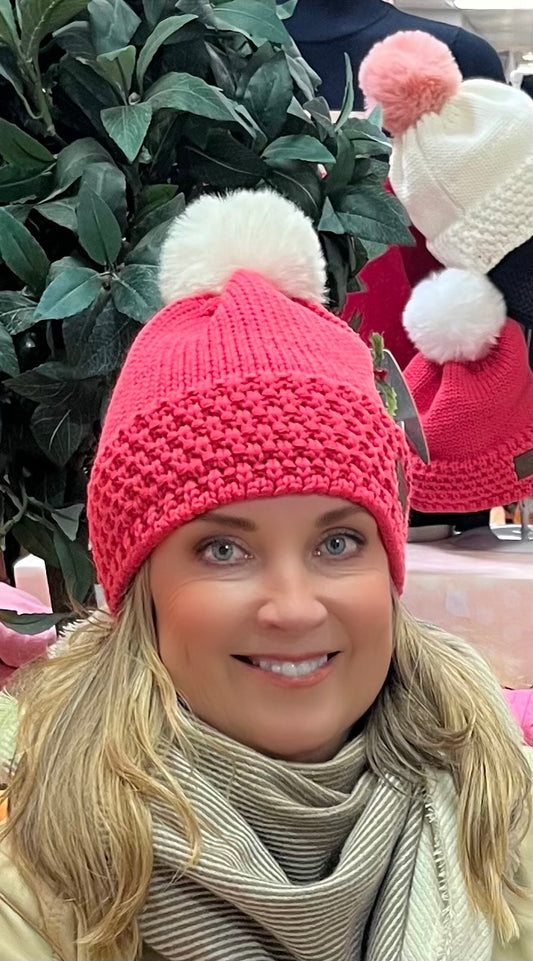 Head Huggers Pink Beanie with Detachable Pom-Pom