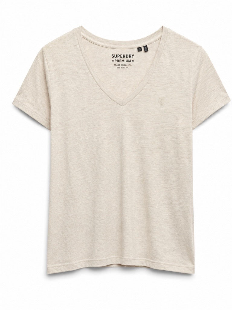Slub V-Neck T-Shirt,  Beige