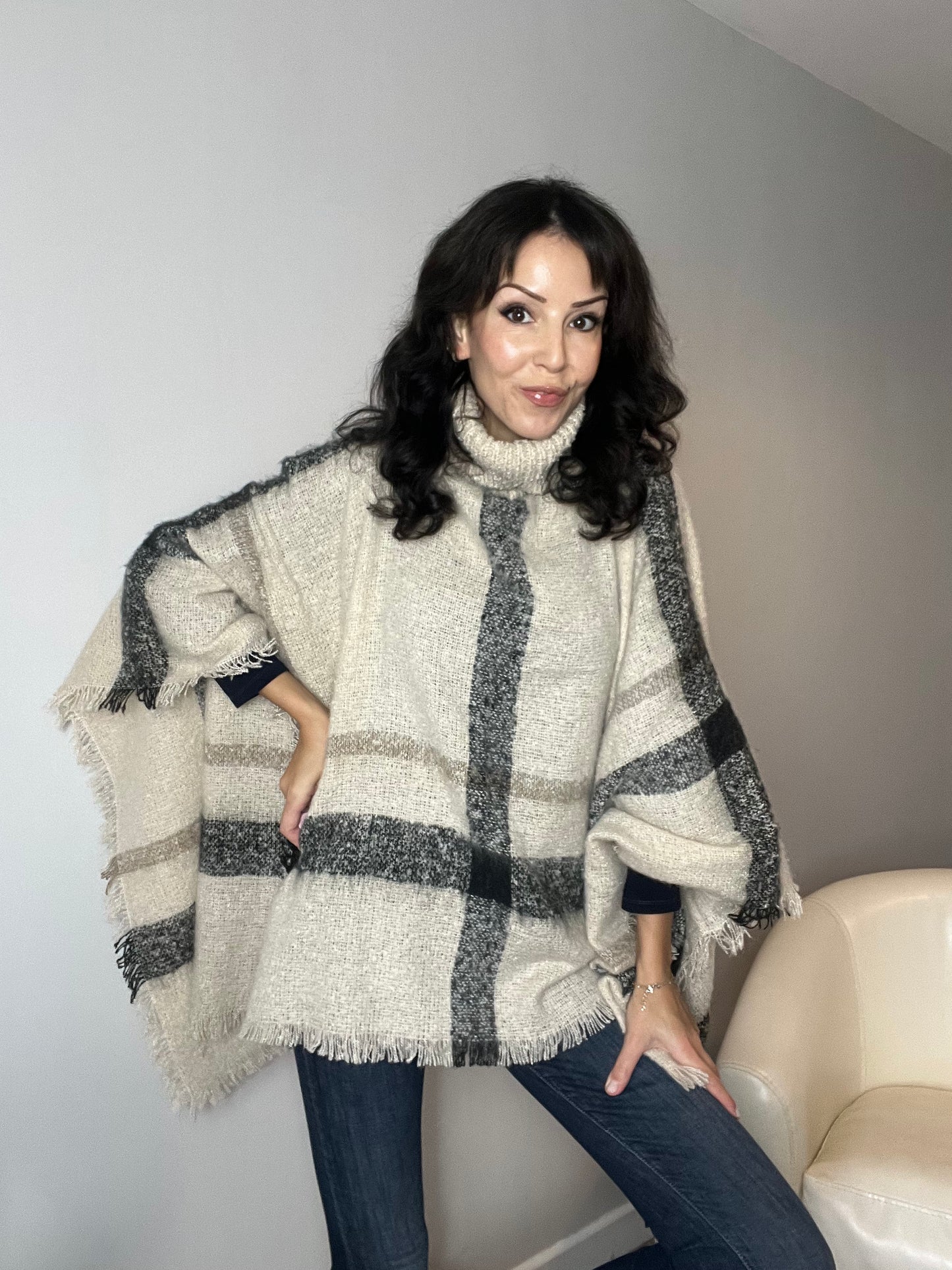 Plaid Turtleneck Poncho Ecru