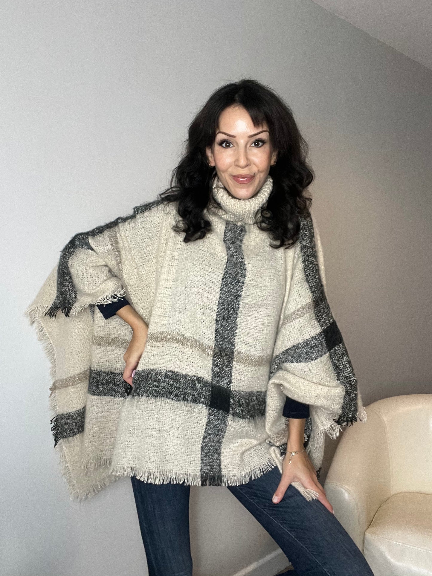 Plaid Turtleneck Poncho Ecru