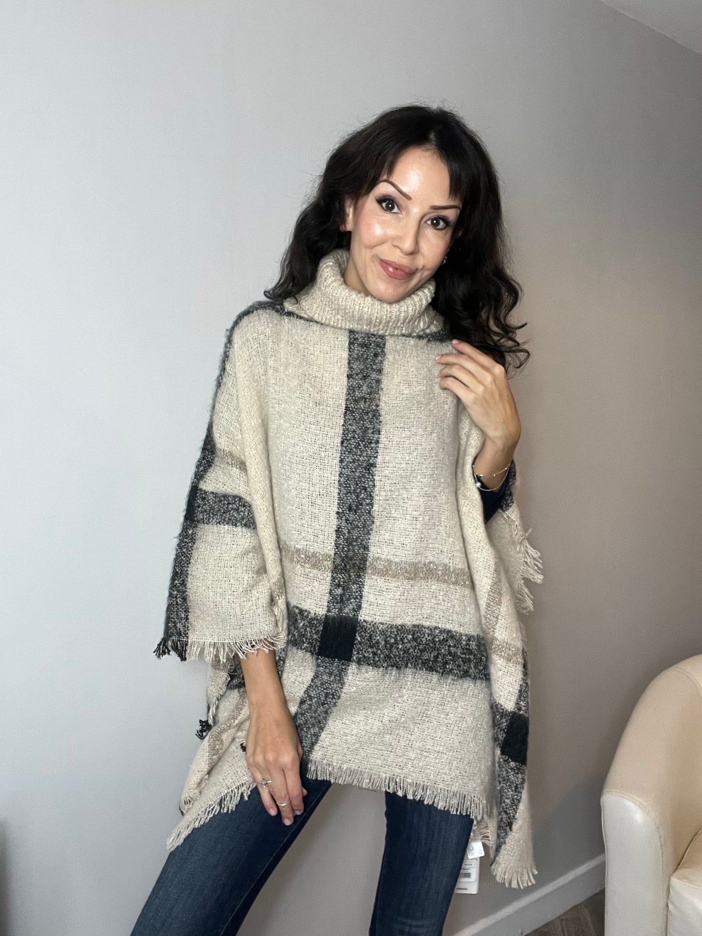 Plaid Turtleneck Poncho Ecru