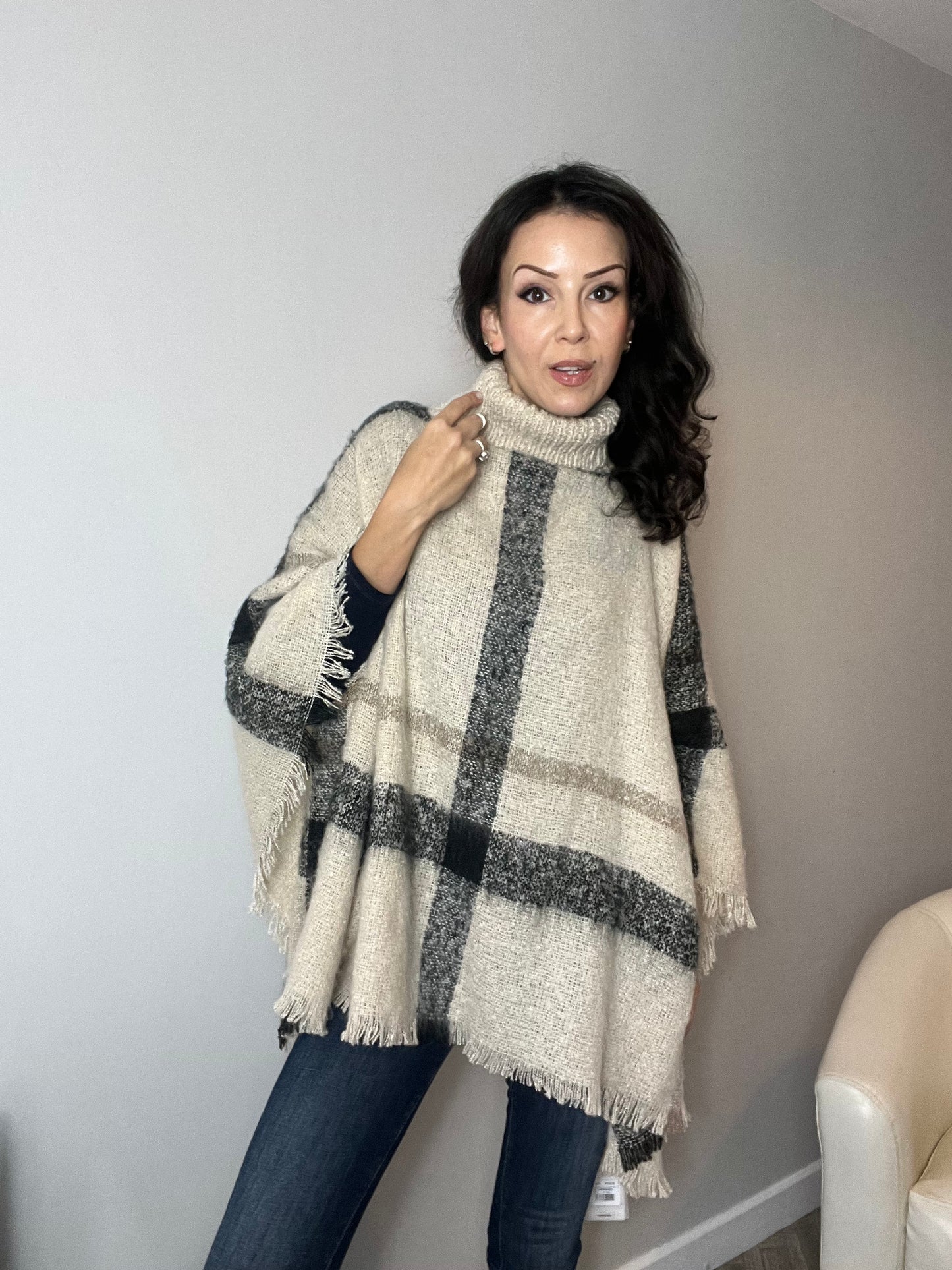 Plaid Turtleneck Poncho Ecru