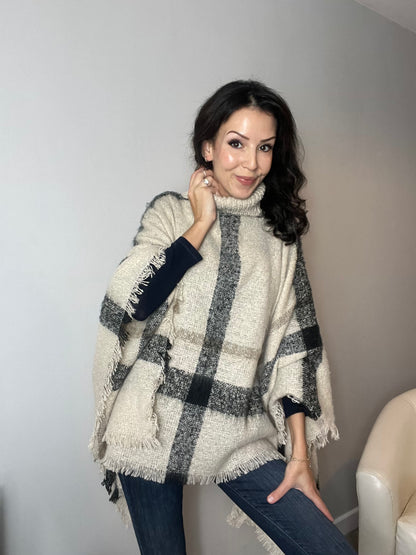 Plaid Turtleneck Poncho Ecru