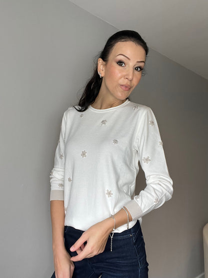 Embroidered Long-Sleeve Top, Ecru