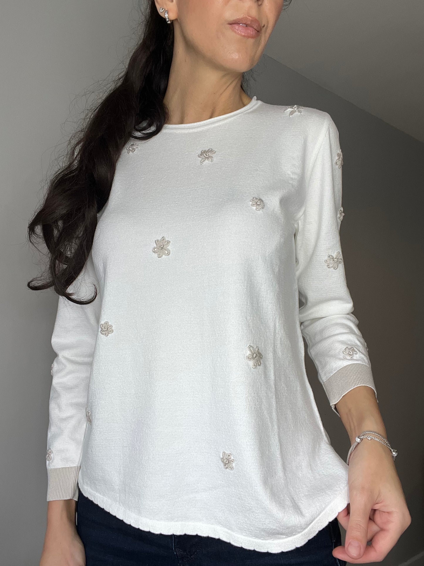 Embroidered Long-Sleeve Top, Ecru