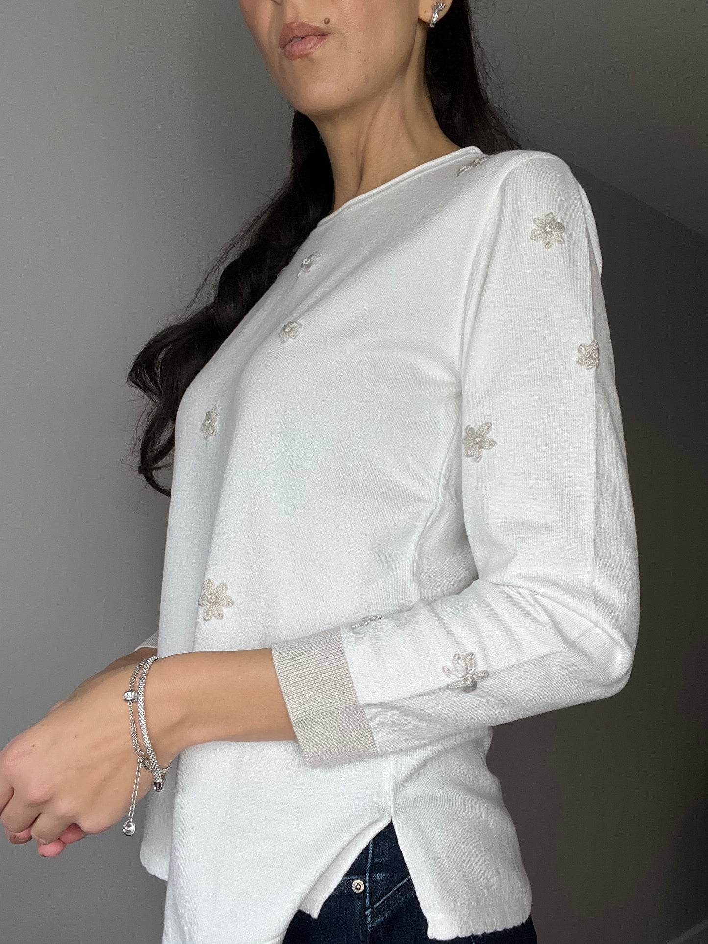 Embroidered Long-Sleeve Top, Ecru