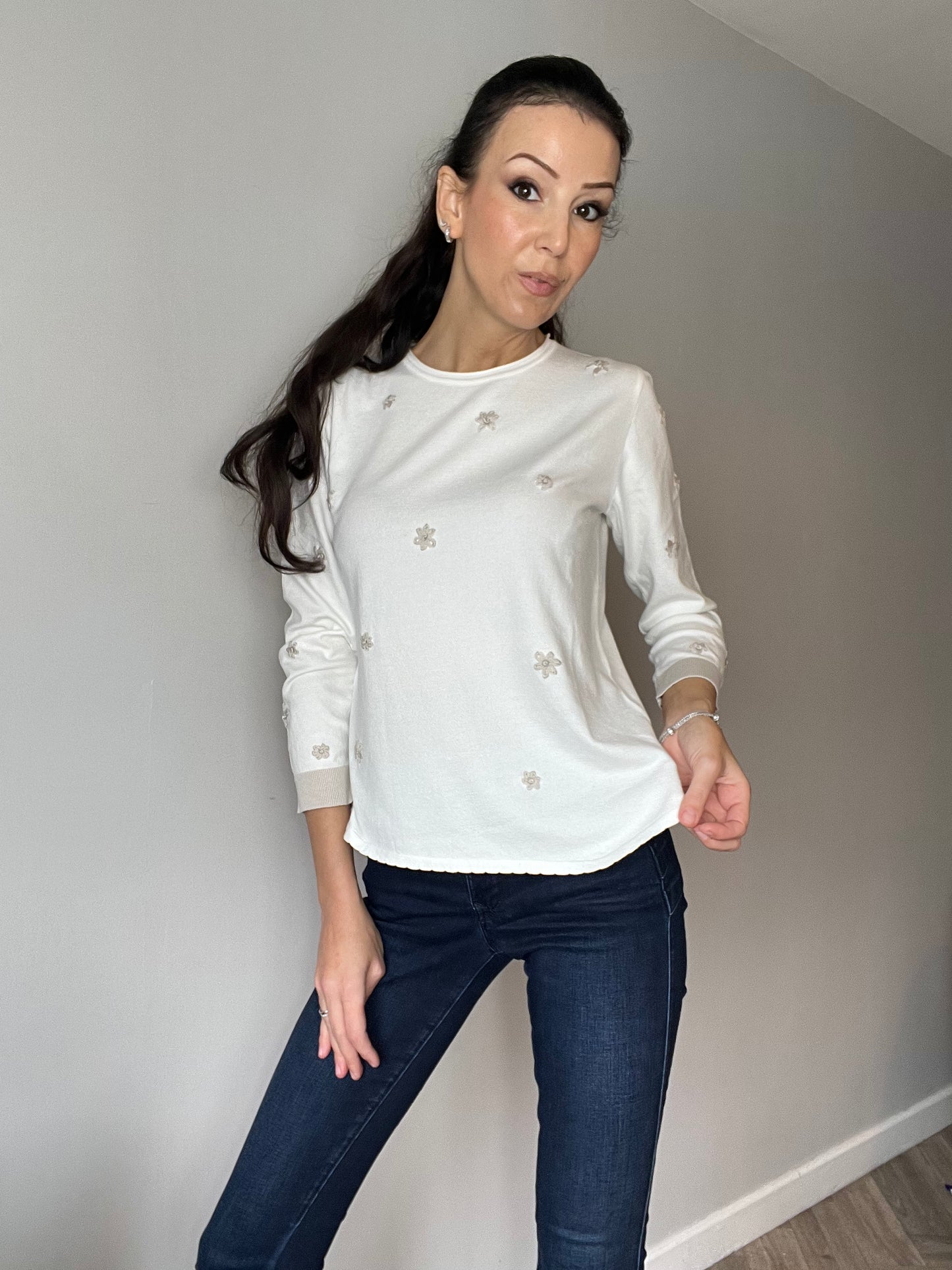 Embroidered Long-Sleeve Top, Ecru