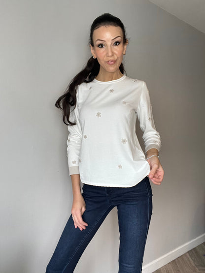 Embroidered Long-Sleeve Top, Ecru