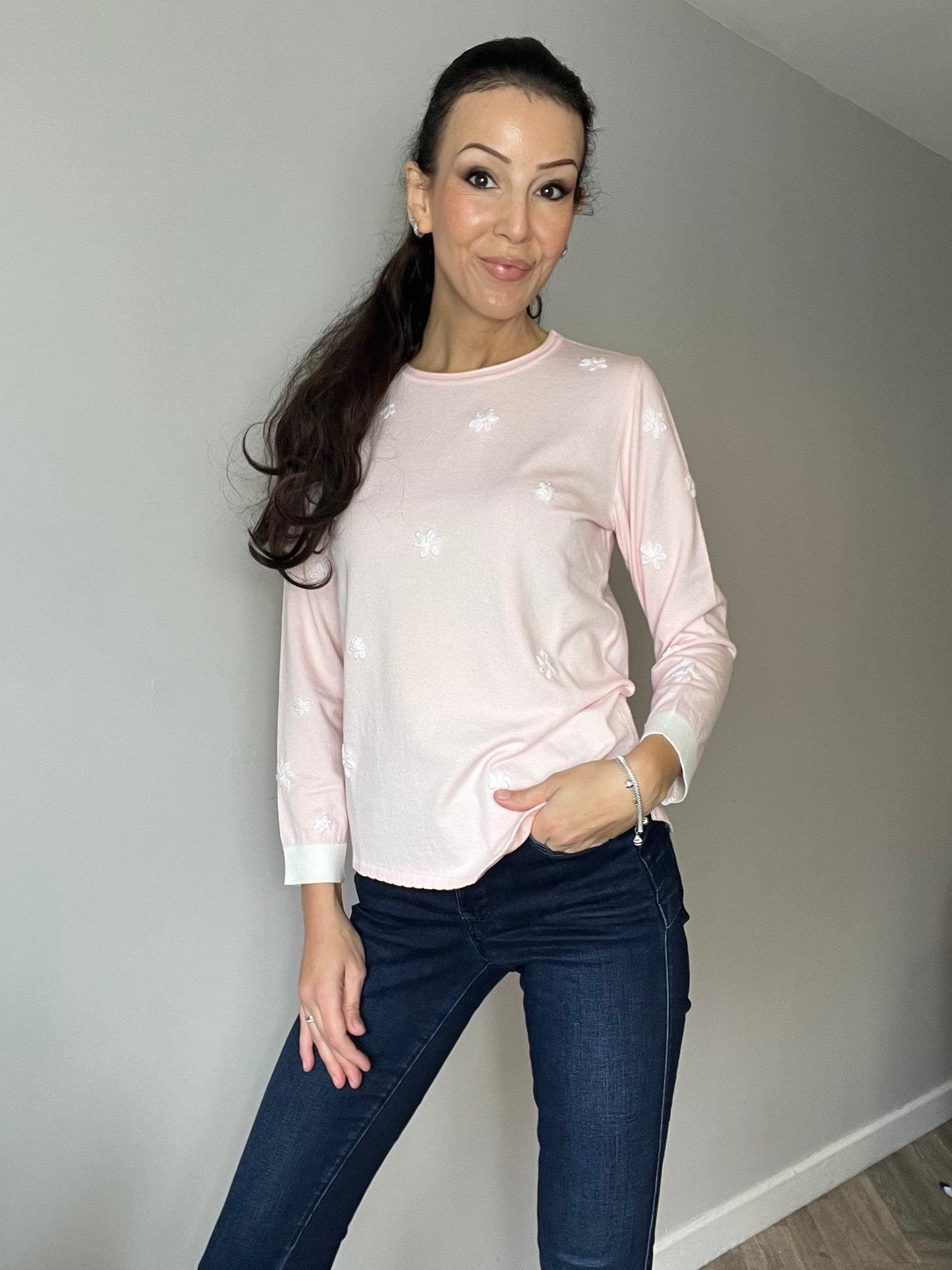 Embroidered Long-Sleeve Top, Pink