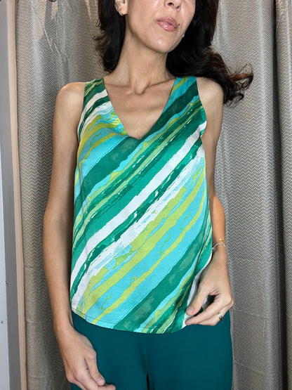 Striped Sleeveless V-Neck Top, Green