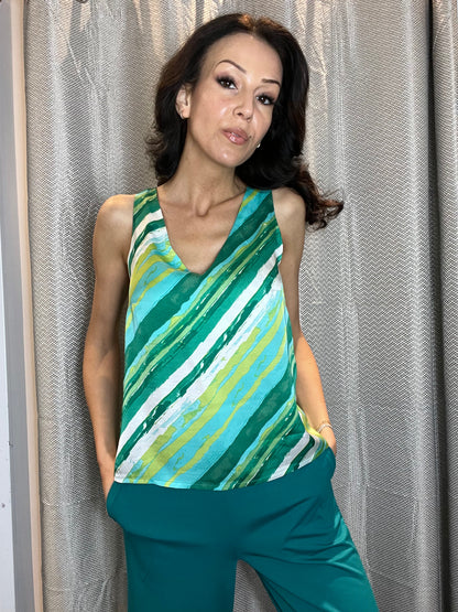 Striped Sleeveless V-Neck Top, Green