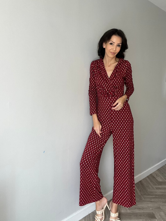 Stretch Printed Cross Over Jumpsuit Red