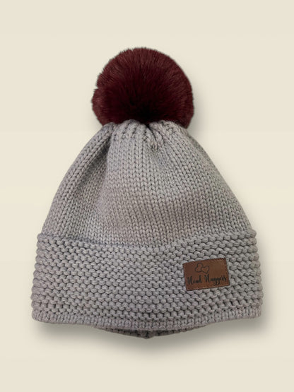 The Head Huggers Hat with Brown Pom-Pom,  Light Grey