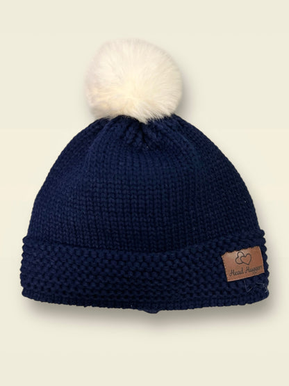 The Head Huggers Hat with Cream  Pom-Pom,  Dark Navy