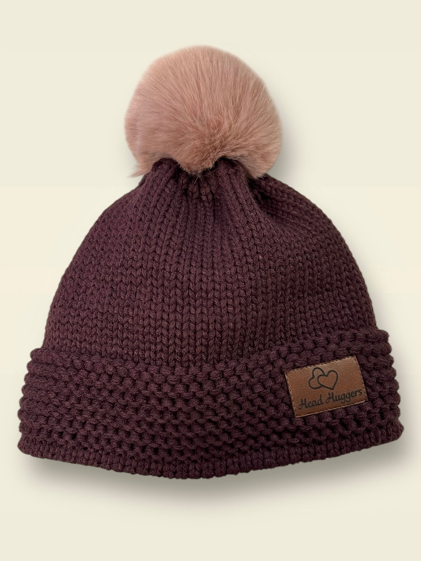 The Head Huggers Hat with Dusty Rose Pom-Pom,  Chocolate Brown