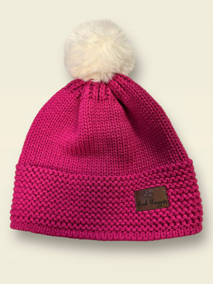 The Head Huggers Hat with Cream Pom-Pom,  Raspberry