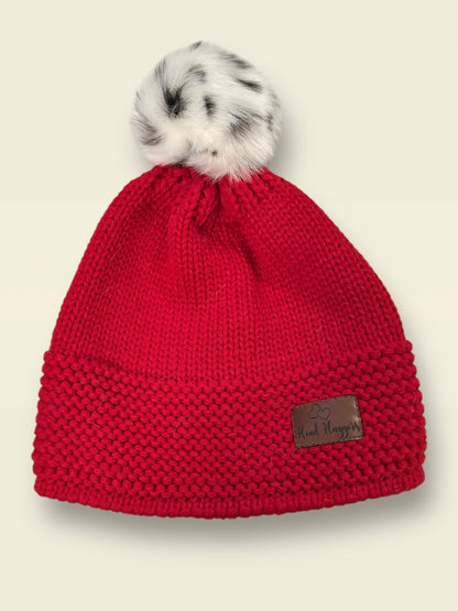 The Head Huggers Hat with White and Black Spotted Pom-Pom, Red