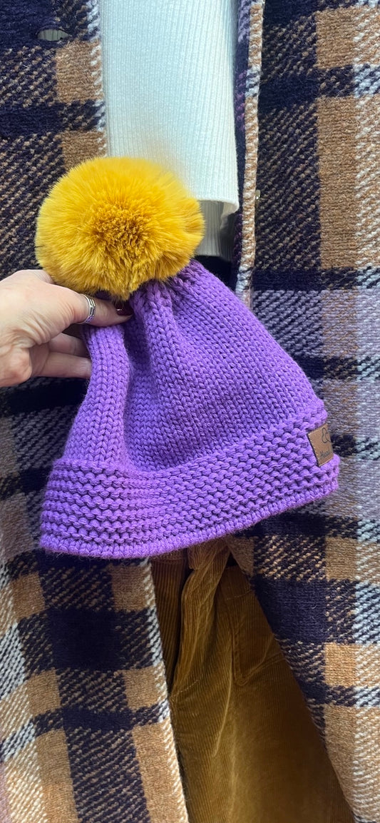 Purple Head Huggers knitted beanie with golden-yellow detachable pom-pom