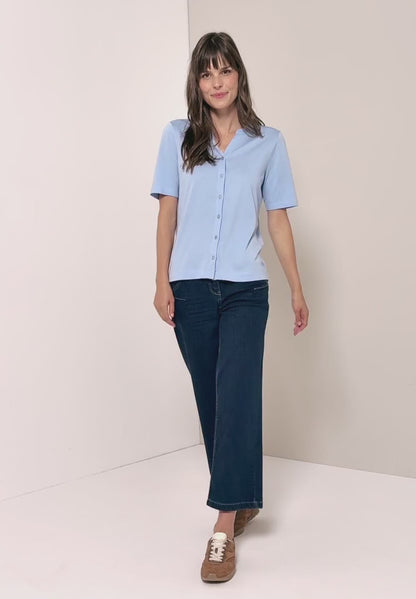 Button Front Jersey Top with Short Sleeves, Light Sky Blue