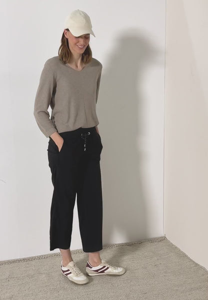 Textured V-Neck Knit Sweater, Toffee Cream Melange