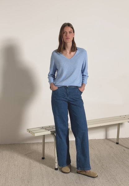 Textured V-Neck Knit Sweater, Whisper Blue Melange
