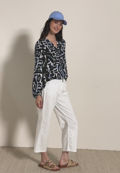 Graphic Print Shirt with Split Neck, Urban Dark Blue