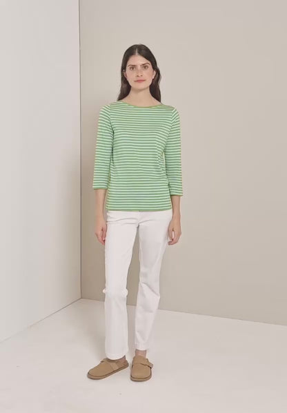 Striped Top with Boat Neck, Fennel Green