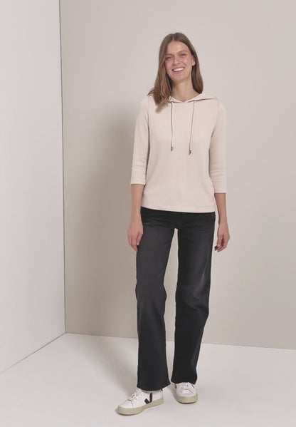 Ribbed Hoodie Top with 3/4 Sleeves, Oat Milk Beige
