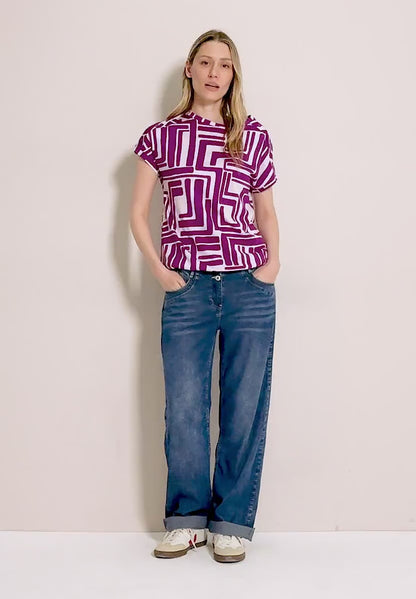 Geometric Print T-Shirt with Button Detail