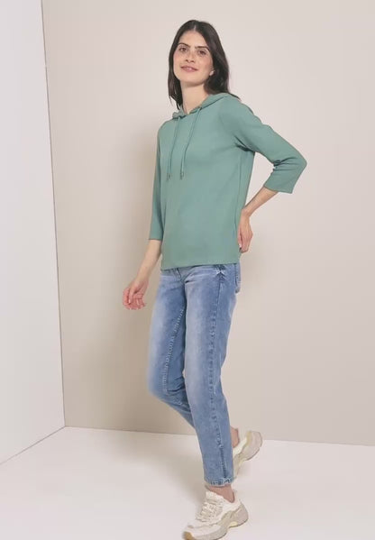 Ribbed Hoodie Top with 3/4 Sleeves, Jewel Green