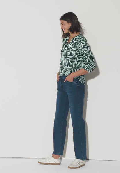 Printed V-Neck Blouse with 3/4 Sleeves, Black