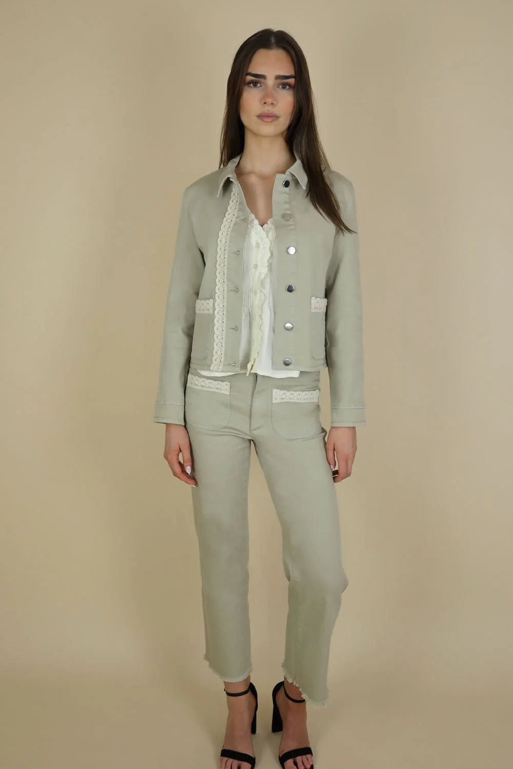Cropped Straight Leg Trousers with Lace Trim