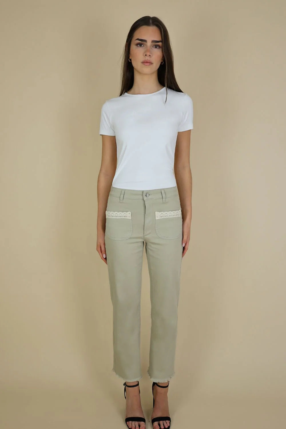 Cropped Straight Leg Trousers with Lace Trim