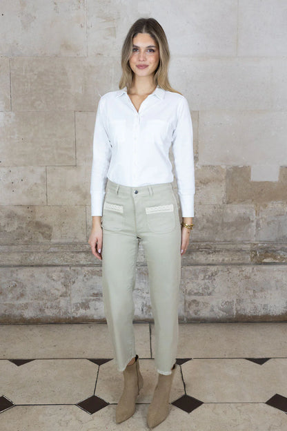 Cropped Straight Leg Trousers with Lace Trim