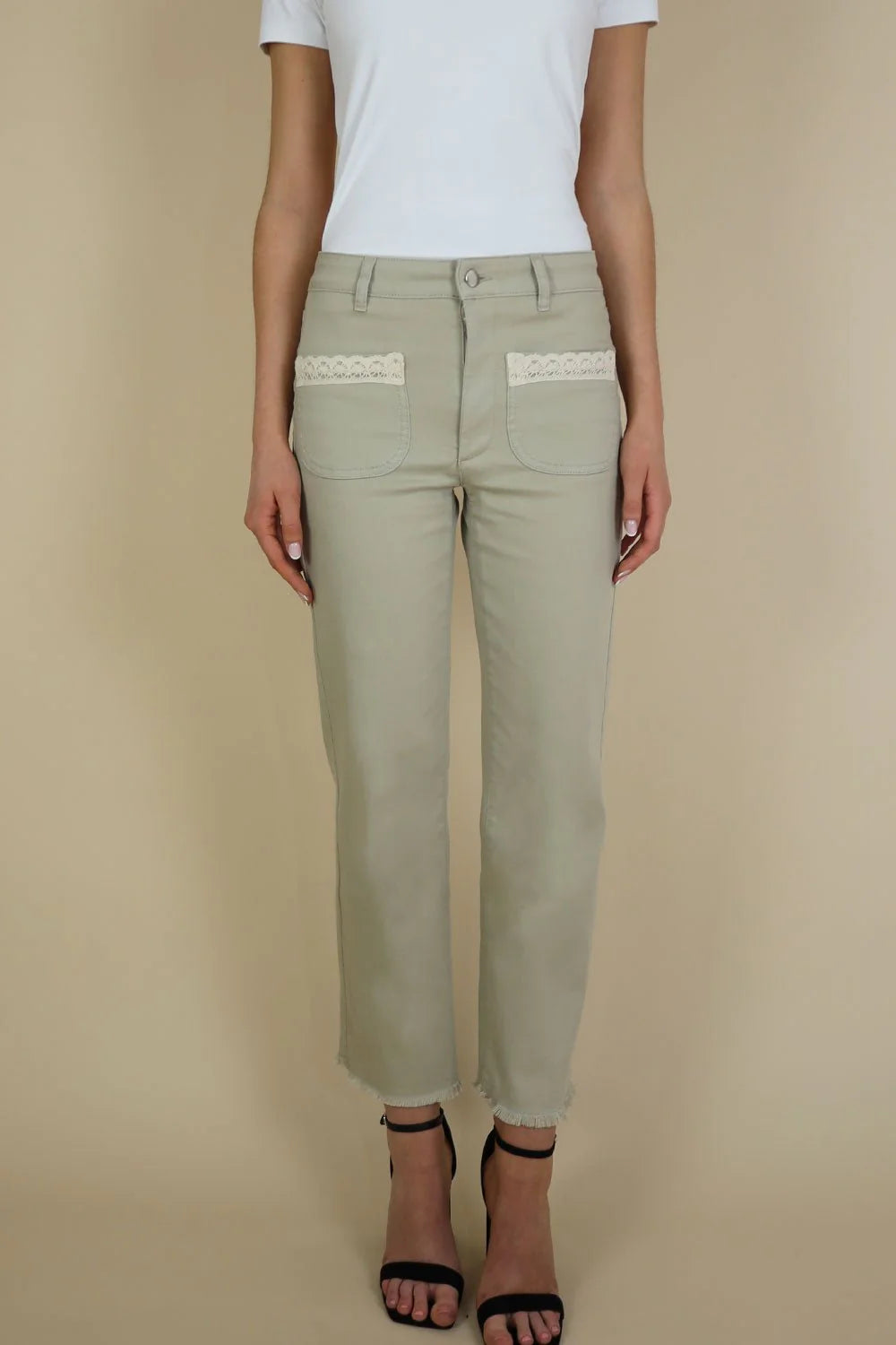 Cropped Straight Leg Trousers with Lace Trim