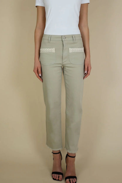 Cropped Straight Leg Trousers with Lace Trim