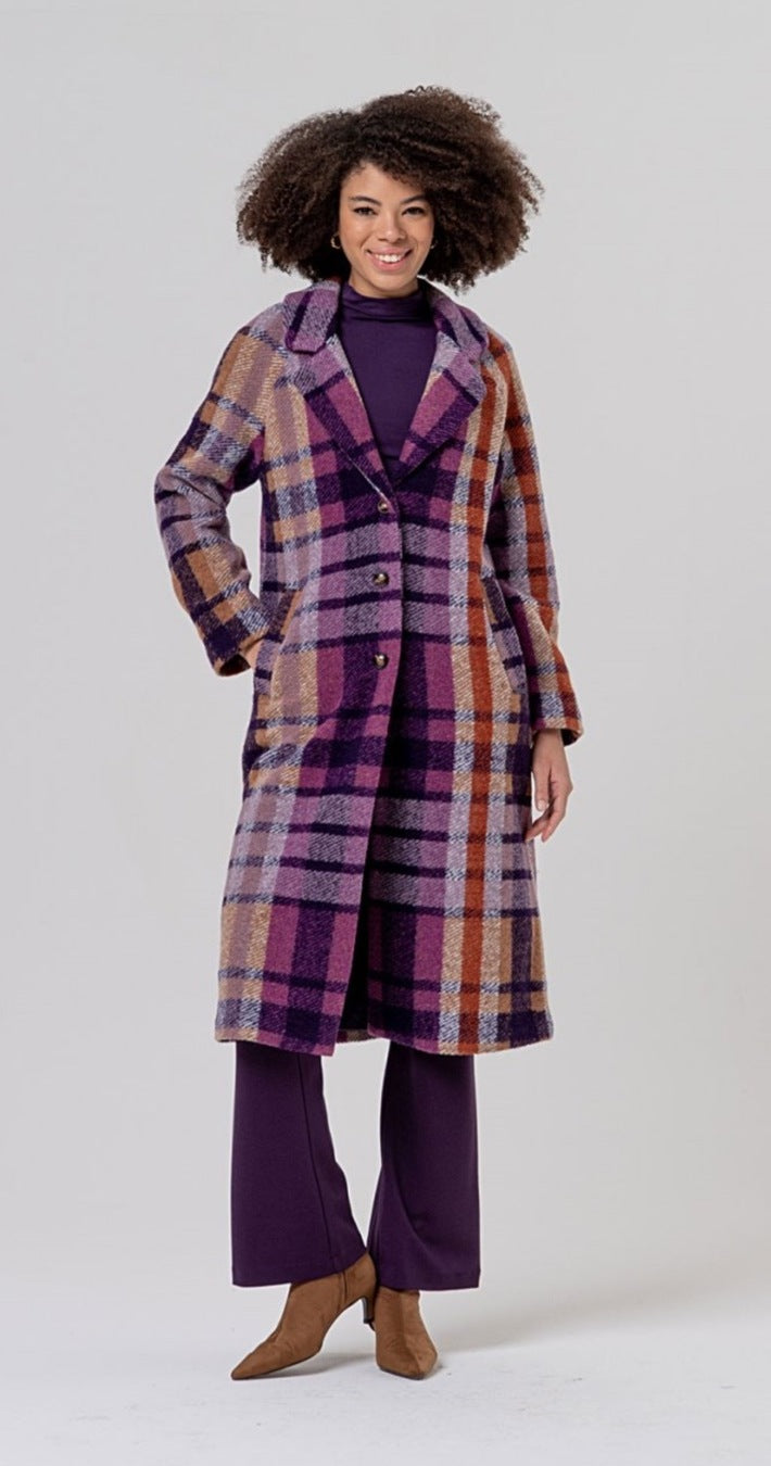 Surkana purple check long coat front view