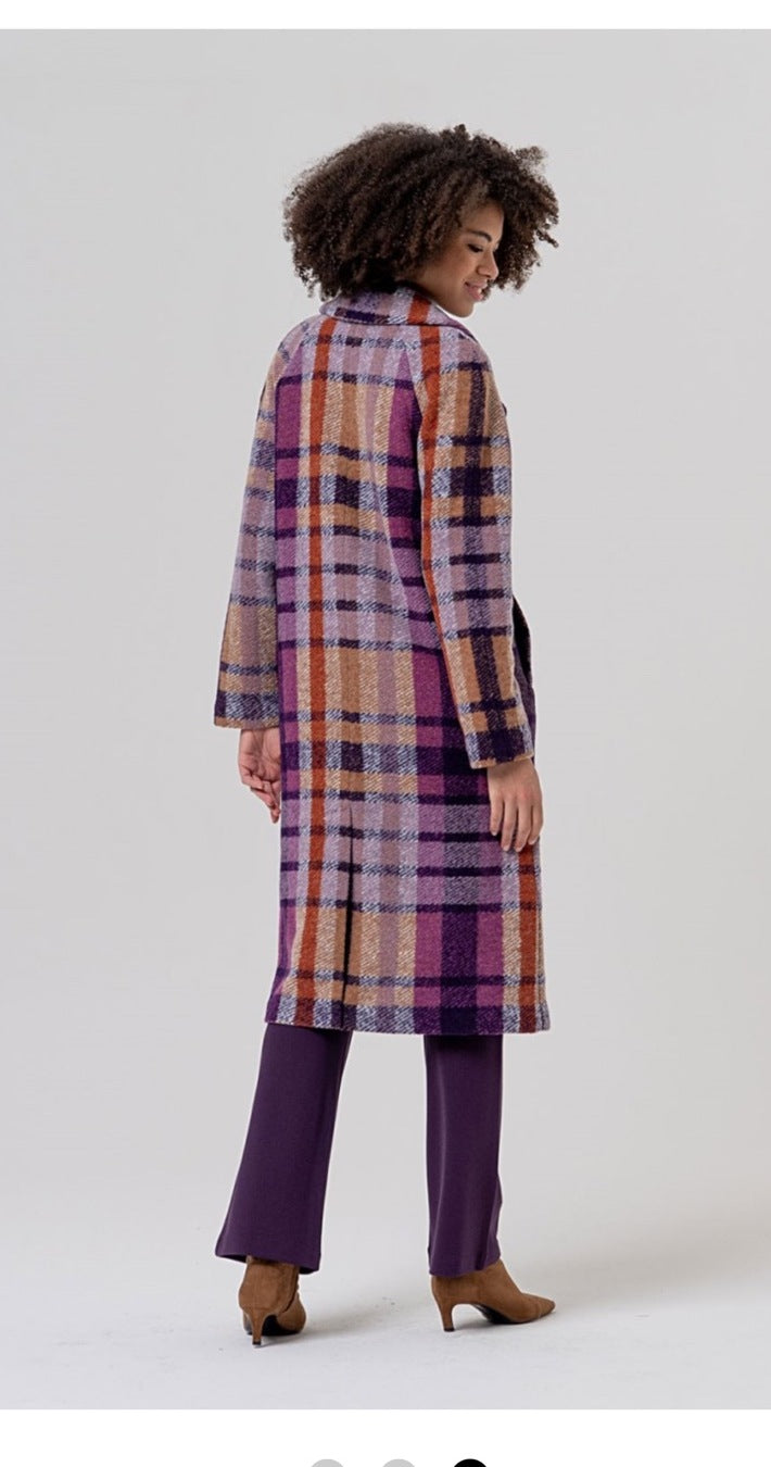 Surkana purple check long coat back view