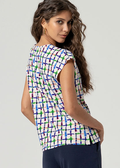 Abstract Grid Print V-Neck Top