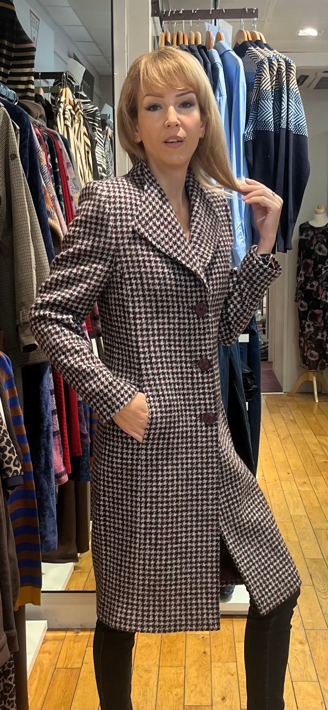 Women's burgundy and cream houndstooth long coat – front view