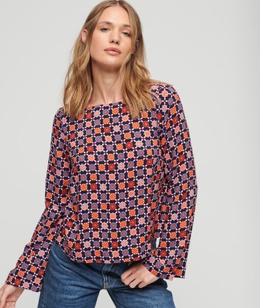 Printed Woven Top with Flared Sleeves